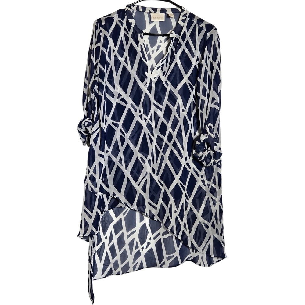 Asymmetrical Sheer Tunic Top Chicos 2 US Large Coastal Career Roll Tab Sleeve